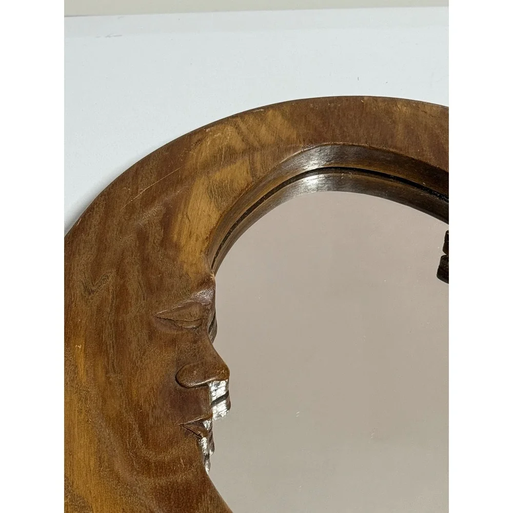 VTG Celestial Moon and Stars Round Wood Wall‎ Mirror Boho Whimsical 12